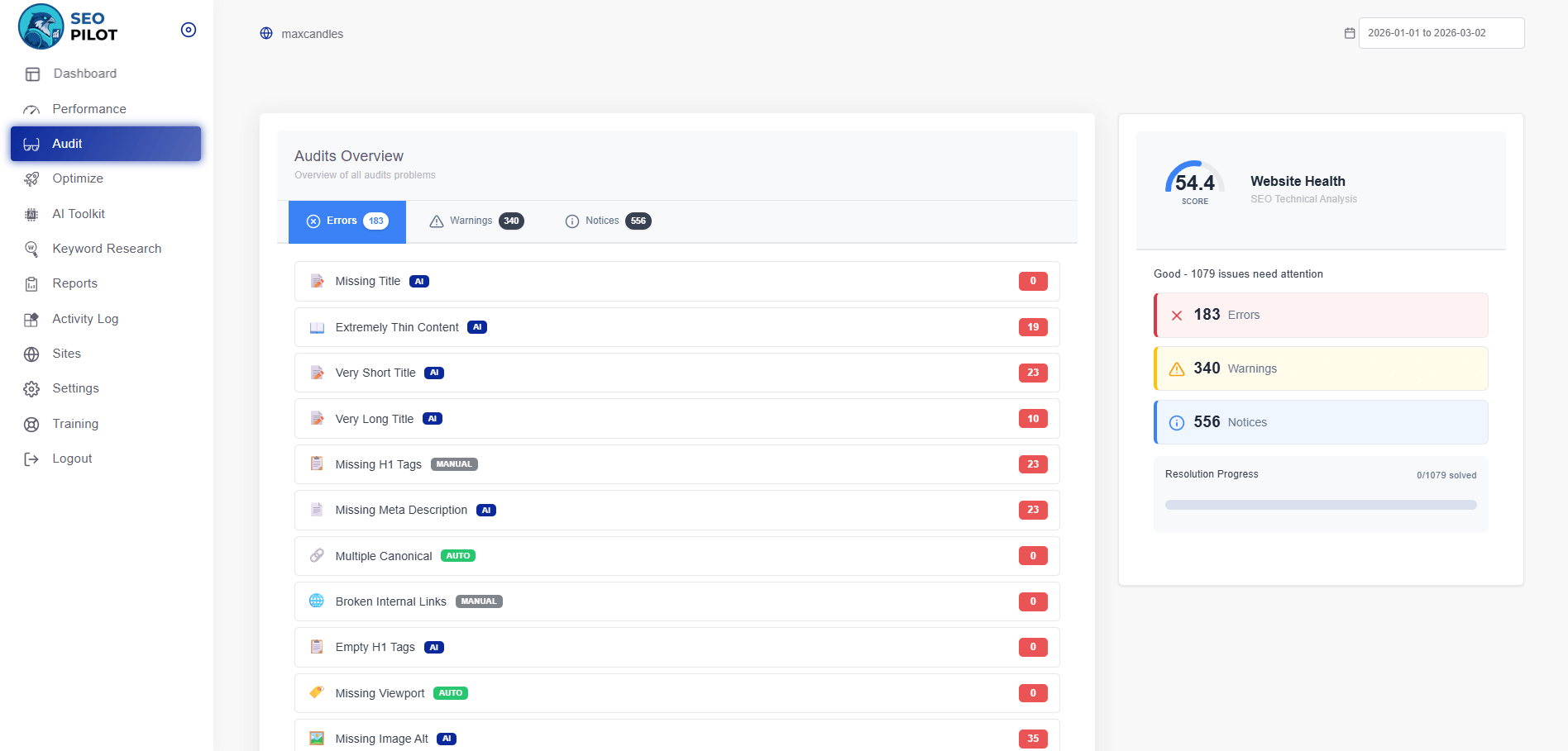 SEOPilot audit results with issues list and website health score