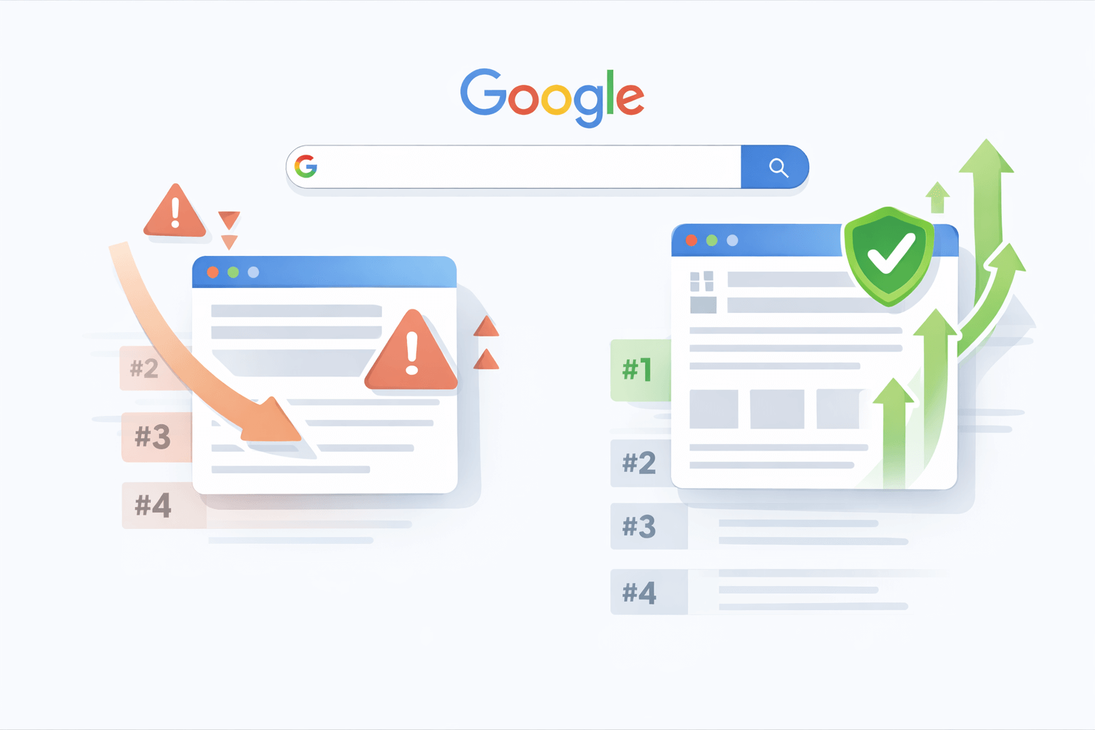 Illustration of rankings declining and improving in Google search results