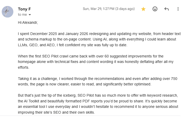 Tony F — Found 60+ improvements on homepage alone after thinking site was optimized